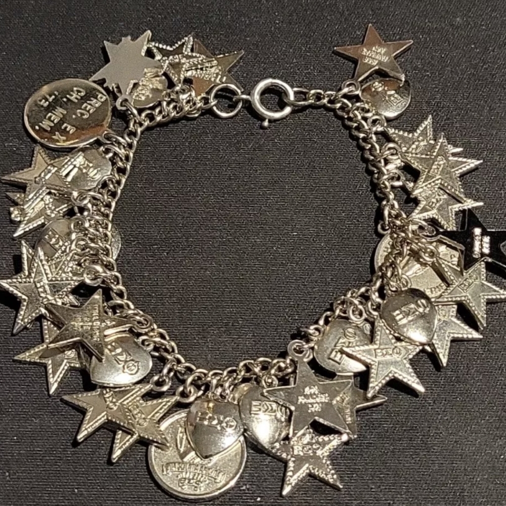 Vintage  Sterling Silver BEO Sorority Charm Bracelet Stars Hearts 40 Charms